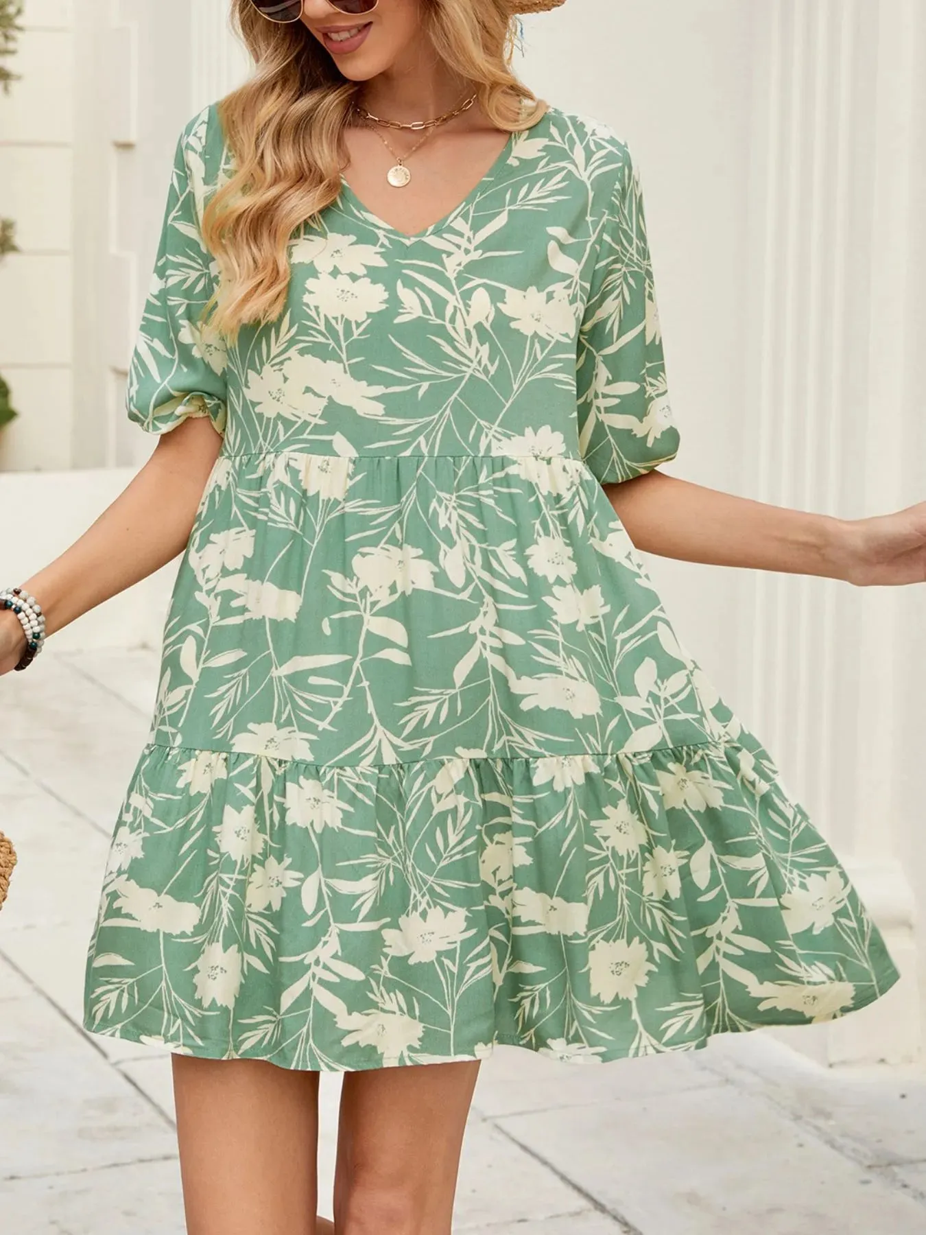 Printed V-Neck Ruffle Hem Mini Dress sold by Charming Charlie product image thumbnail 2