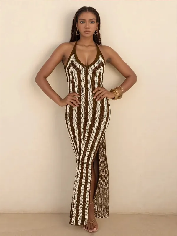Slit Striped Halter Neck Dress sold by Charming Charlie