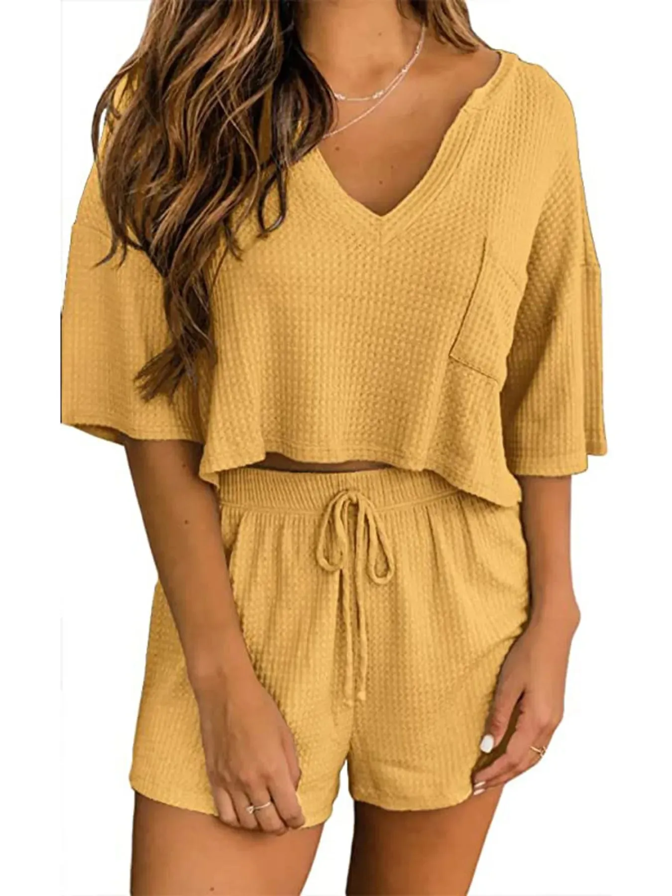 Waffle Knit Top and Shorts Lounge Set sold by Charming Charlie product image thumbnail 3