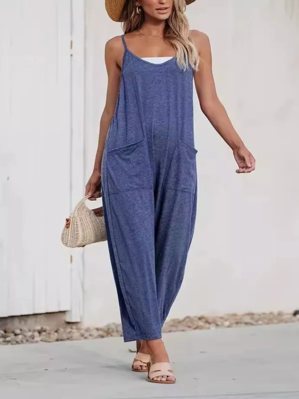 Loose Fit Spaghetti Strap Wide Leg Overalls with Pockets sold by Charming Charlie
