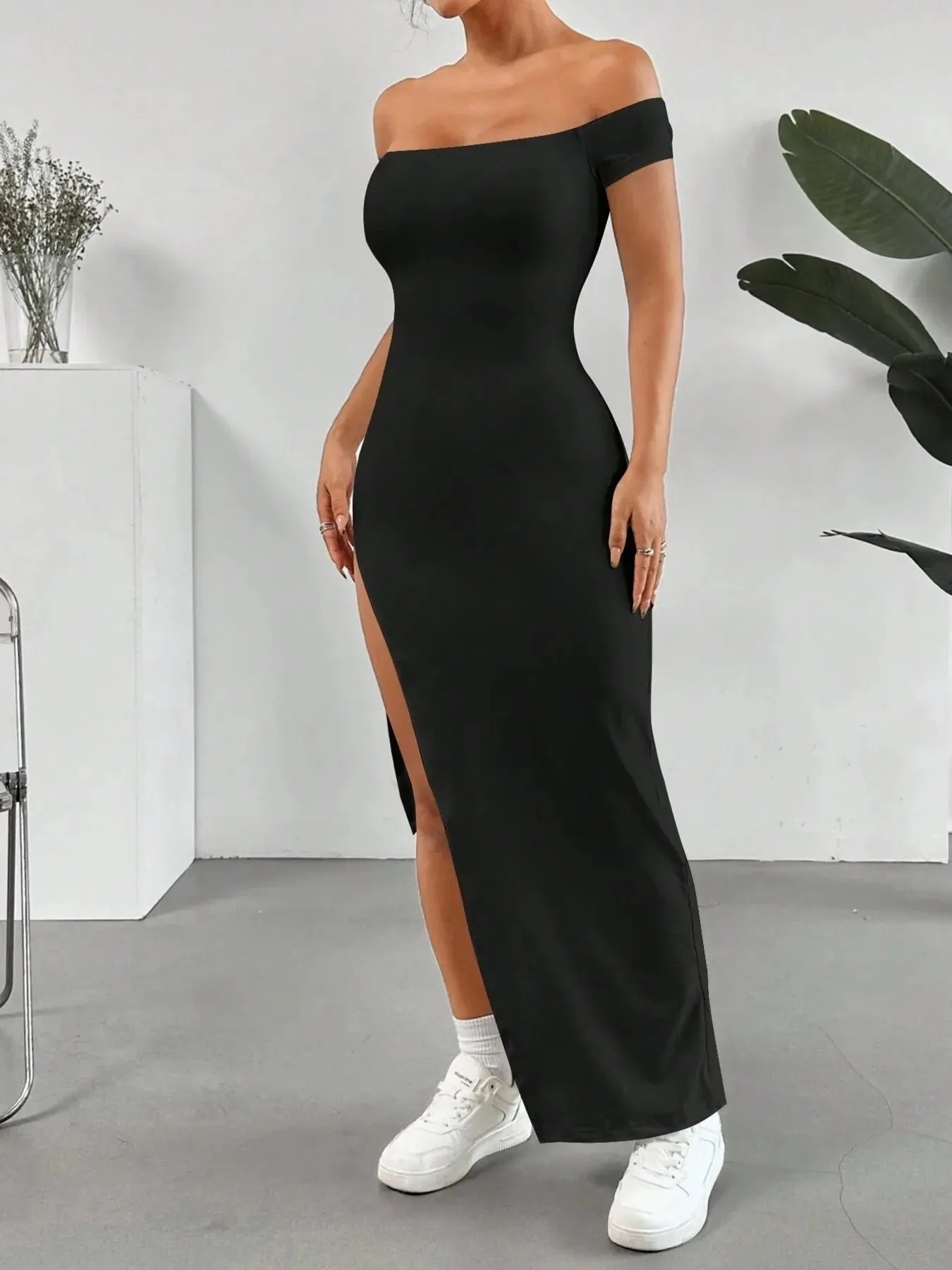 Off-Shoulder High Slit Bodycon Maxi Dress sold by Charming Charlie product image thumbnail 4