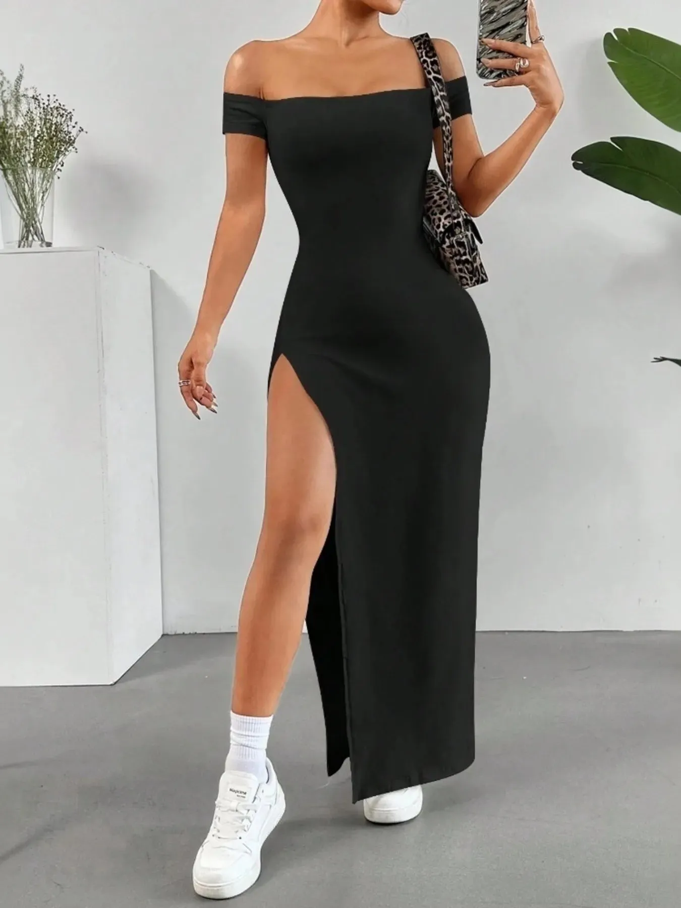 Off-Shoulder High Slit Bodycon Maxi Dress sold by Charming Charlie