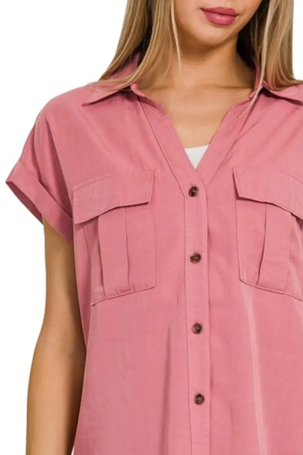 Zenana Tencel V-neck Collared Top W Front Flap Pockets sold by Charming Charlie product image thumbnail 2