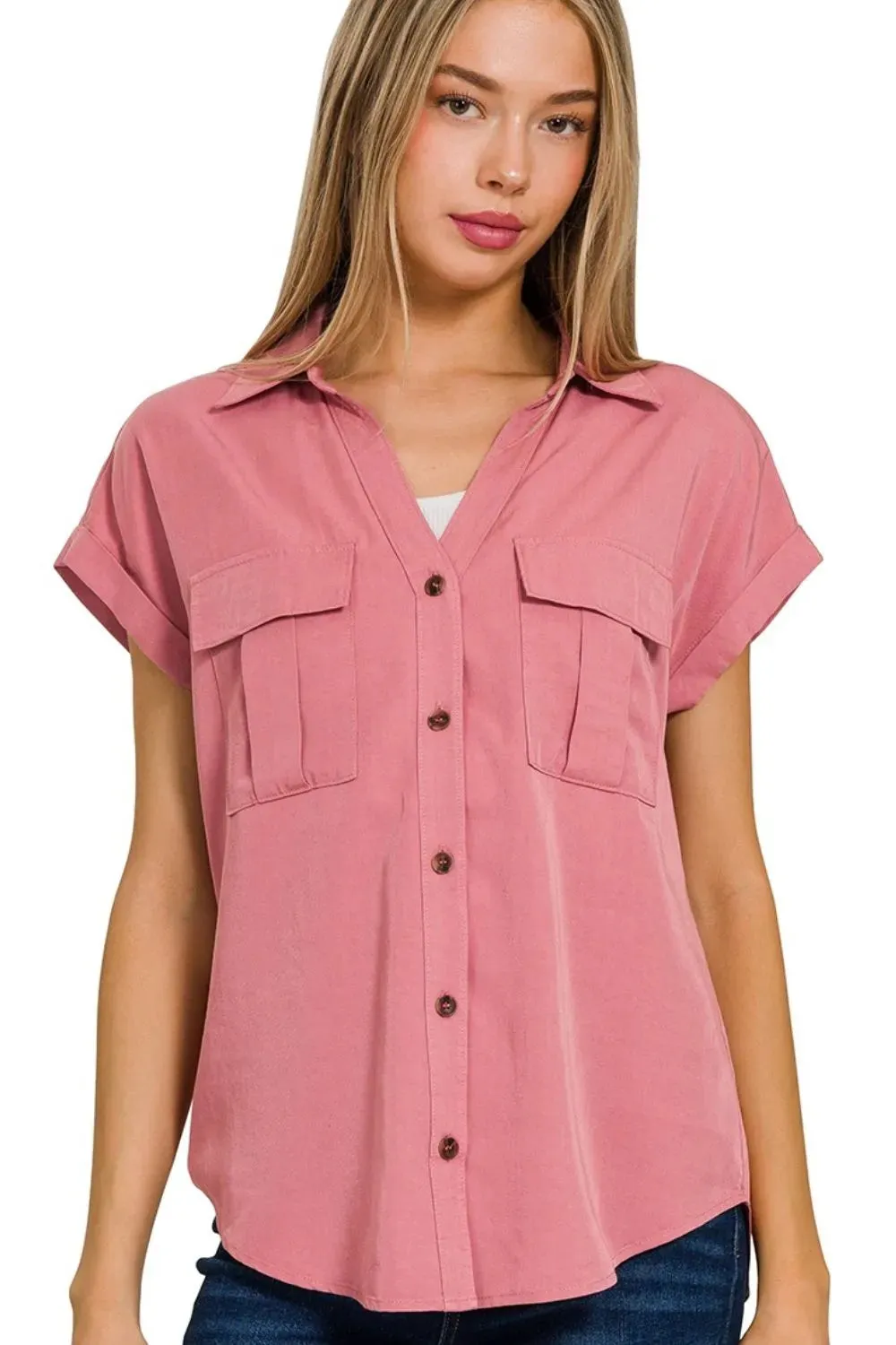 Zenana Tencel V-neck Collared Top W Front Flap Pockets sold by Charming Charlie