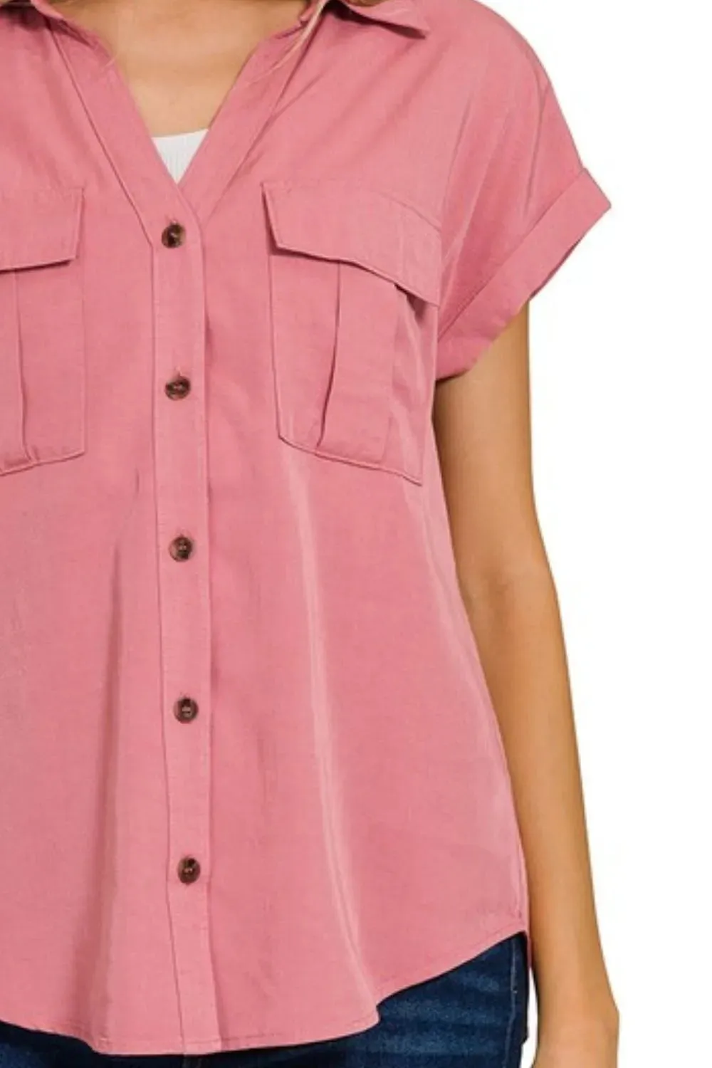 Zenana Tencel V-neck Collared Top W Front Flap Pockets sold by Charming Charlie product image thumbnail 3