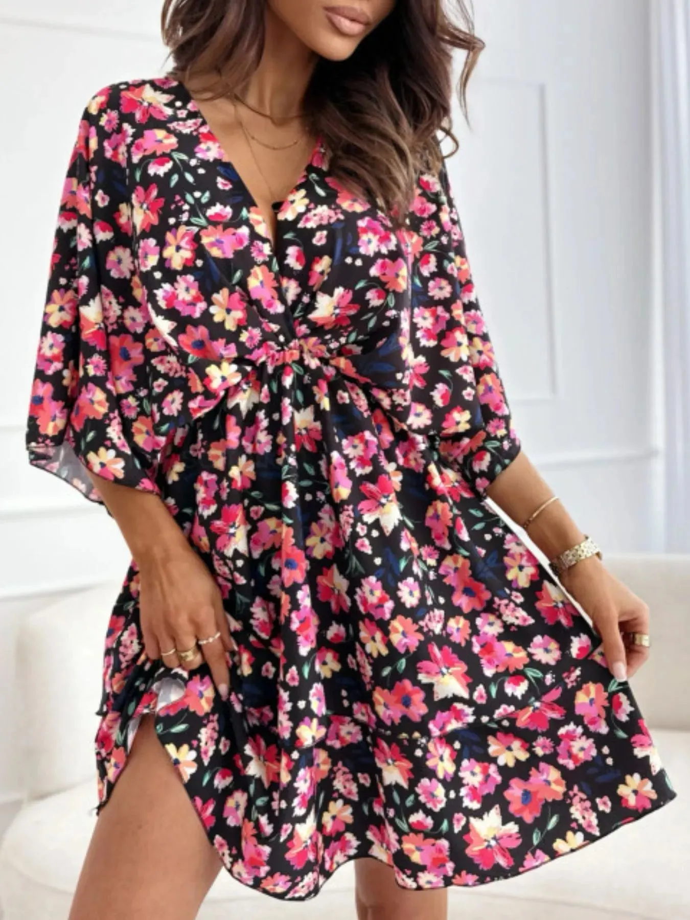 Floral Print V-Neck Ruffle Mini Dress sold by Charming Charlie product image thumbnail 2