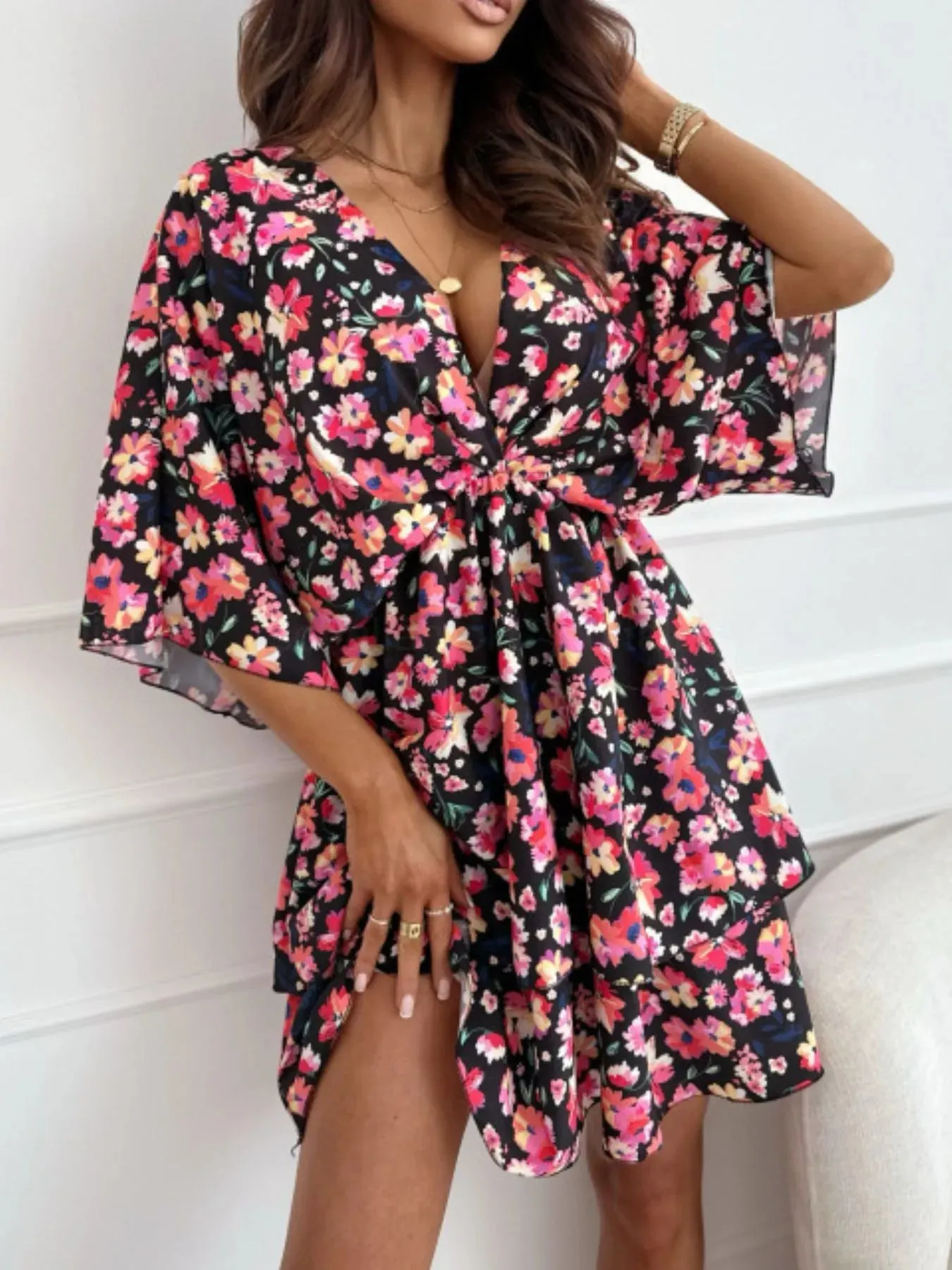Floral Print V-Neck Ruffle Mini Dress sold by Charming Charlie product image thumbnail 4