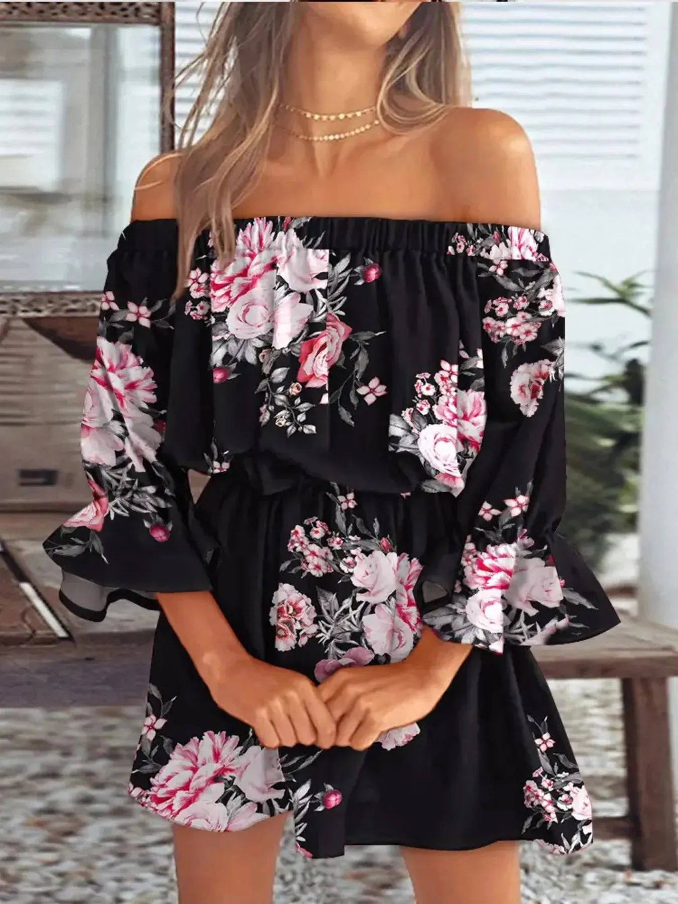 Full Size Floral Off-Shoulder Flounce Sleeve Mini Dress Plus Size sold by Charming Charlie