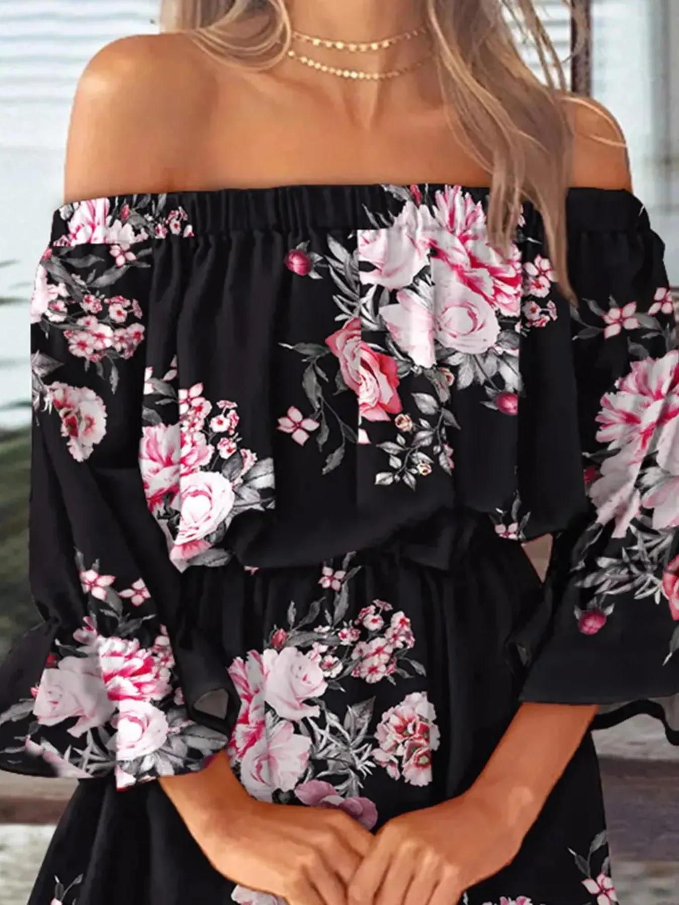 Full Size Floral Off-Shoulder Flounce Sleeve Mini Dress Plus Size sold by Charming Charlie product image thumbnail 2