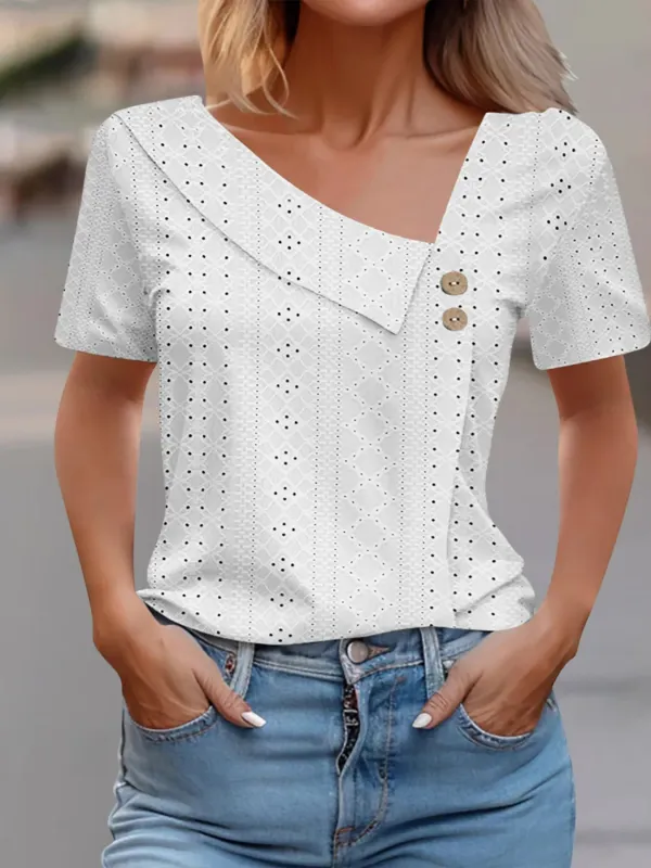 Eyelet Asymmetrical Short Sleeve T-Shirt sold by Charming Charlie