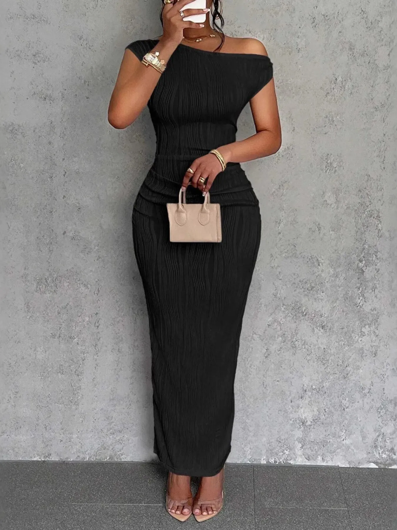 Textured Single Shoulder Bodycon Maxi Dress sold by Charming Charlie