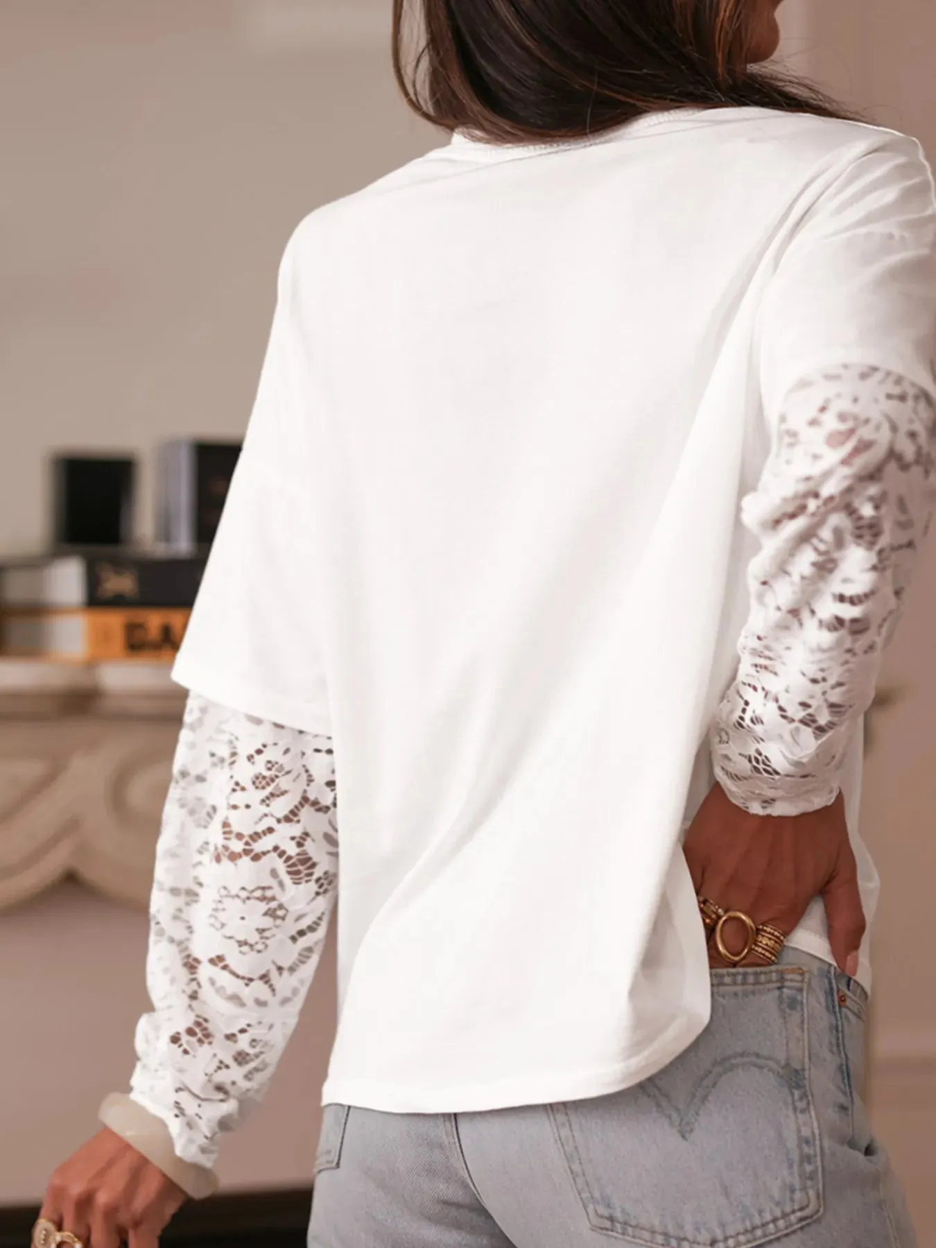 Lace Long Sleeve Insert Drop Shoulder Tee sold by Charming Charlie product image thumbnail 3
