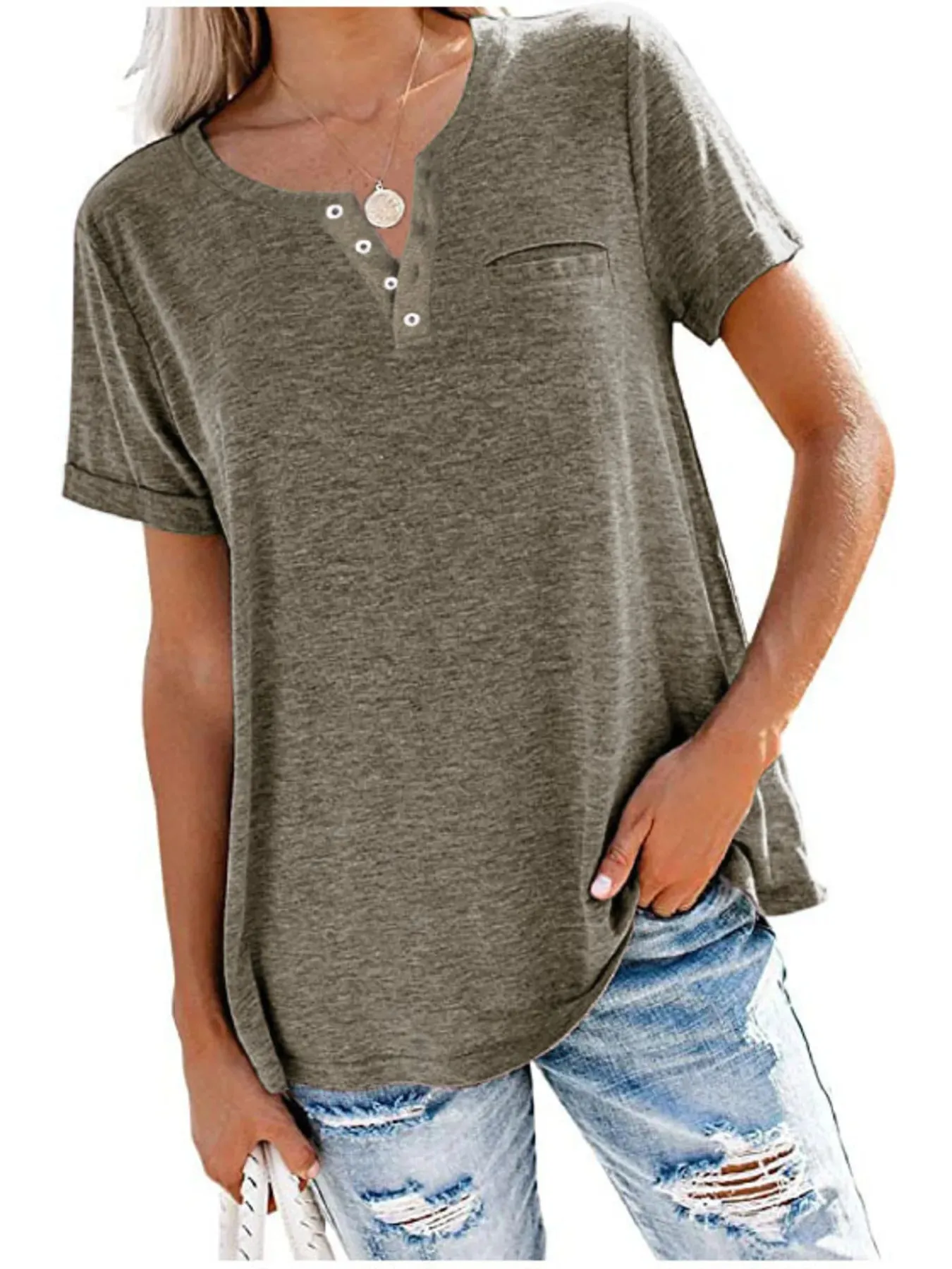 Full Size Notched Short Sleeve T-Shirt Plus Size sold by Charming Charlie