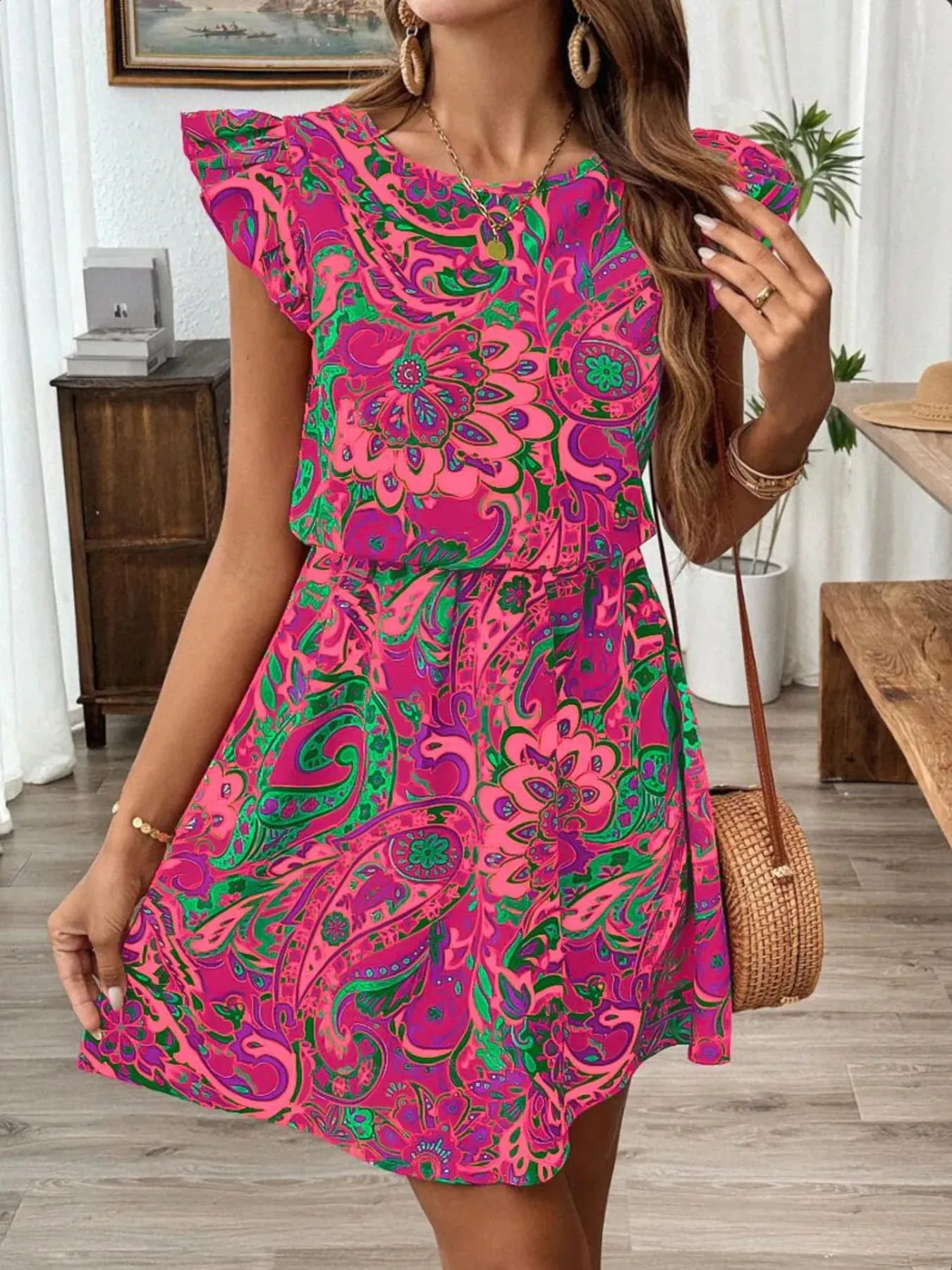 Paisley Print Ruffle Sleeve Mini Dress sold by Charming Charlie product image thumbnail 4