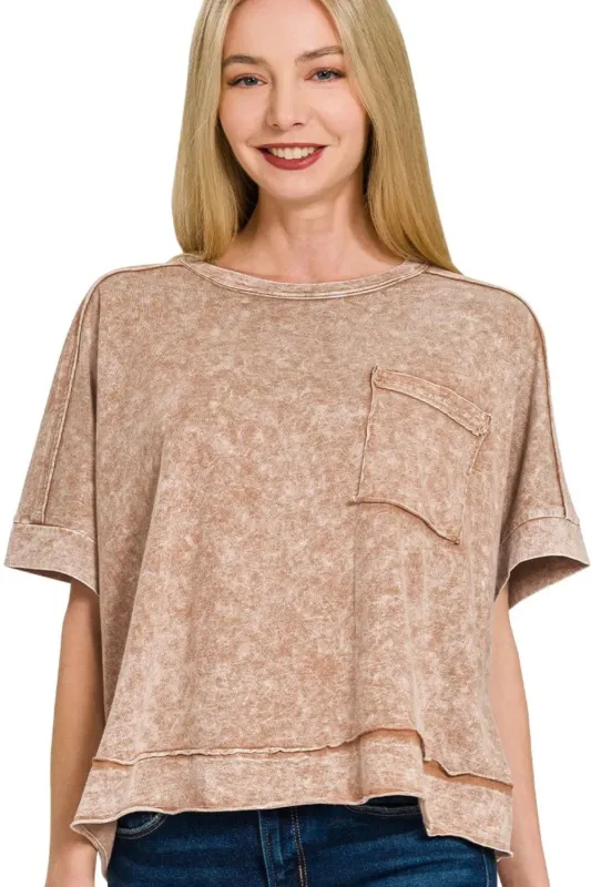 Zenana Halo Snow Washed Oversized Crop Box Tee sold by Charming Charlie