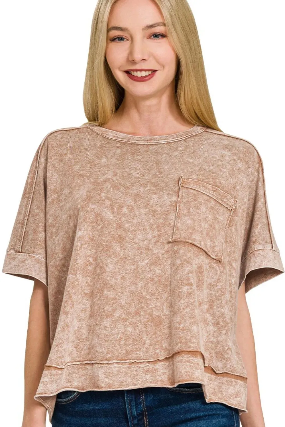 Zenana Halo Snow Washed Oversized Crop Box Tee sold by Charming Charlie