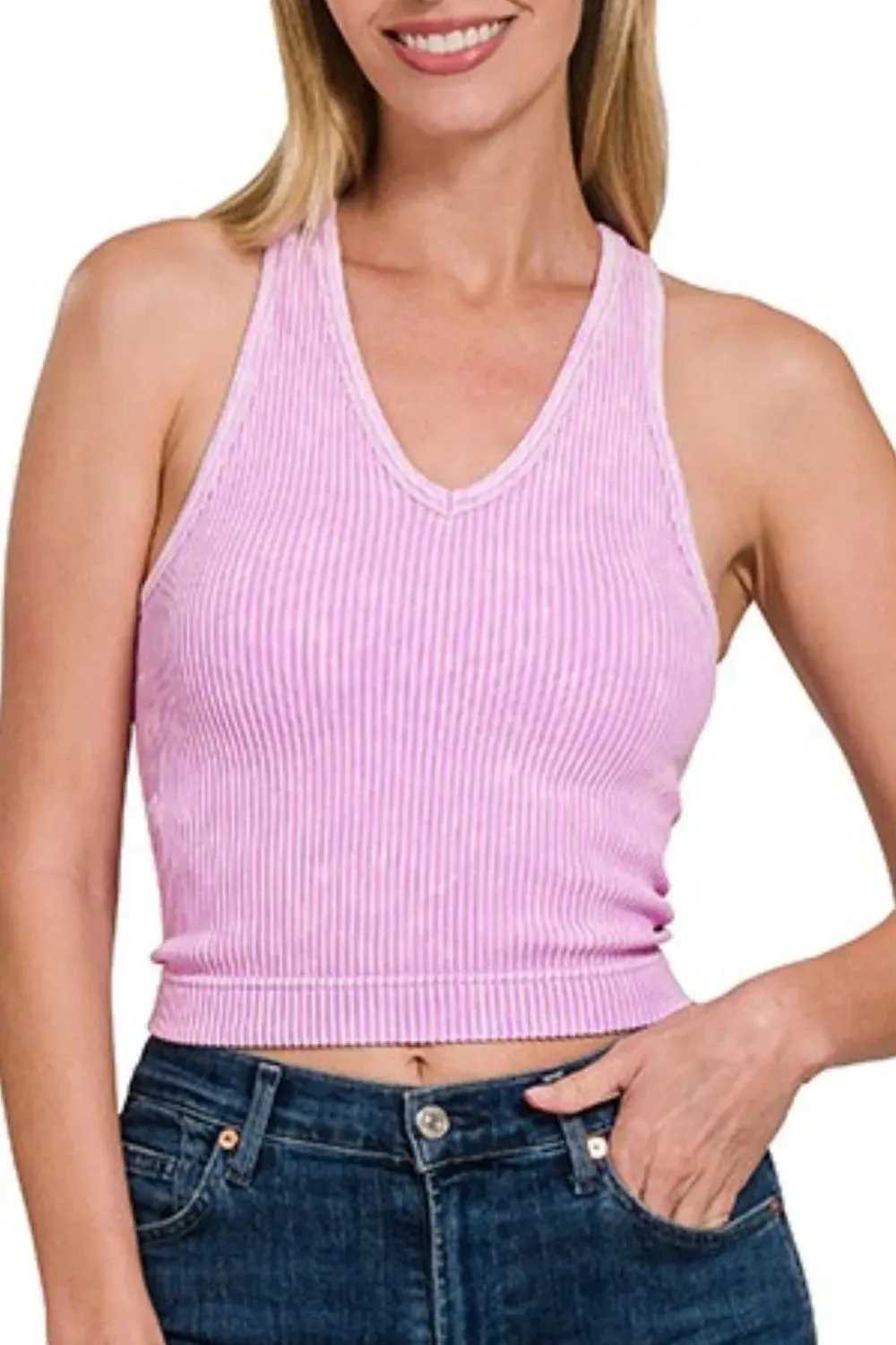 Zenana Washed Ribbed Seamless Bra Padded V-neck Tank Top sold by Charming Charlie product image thumbnail 2