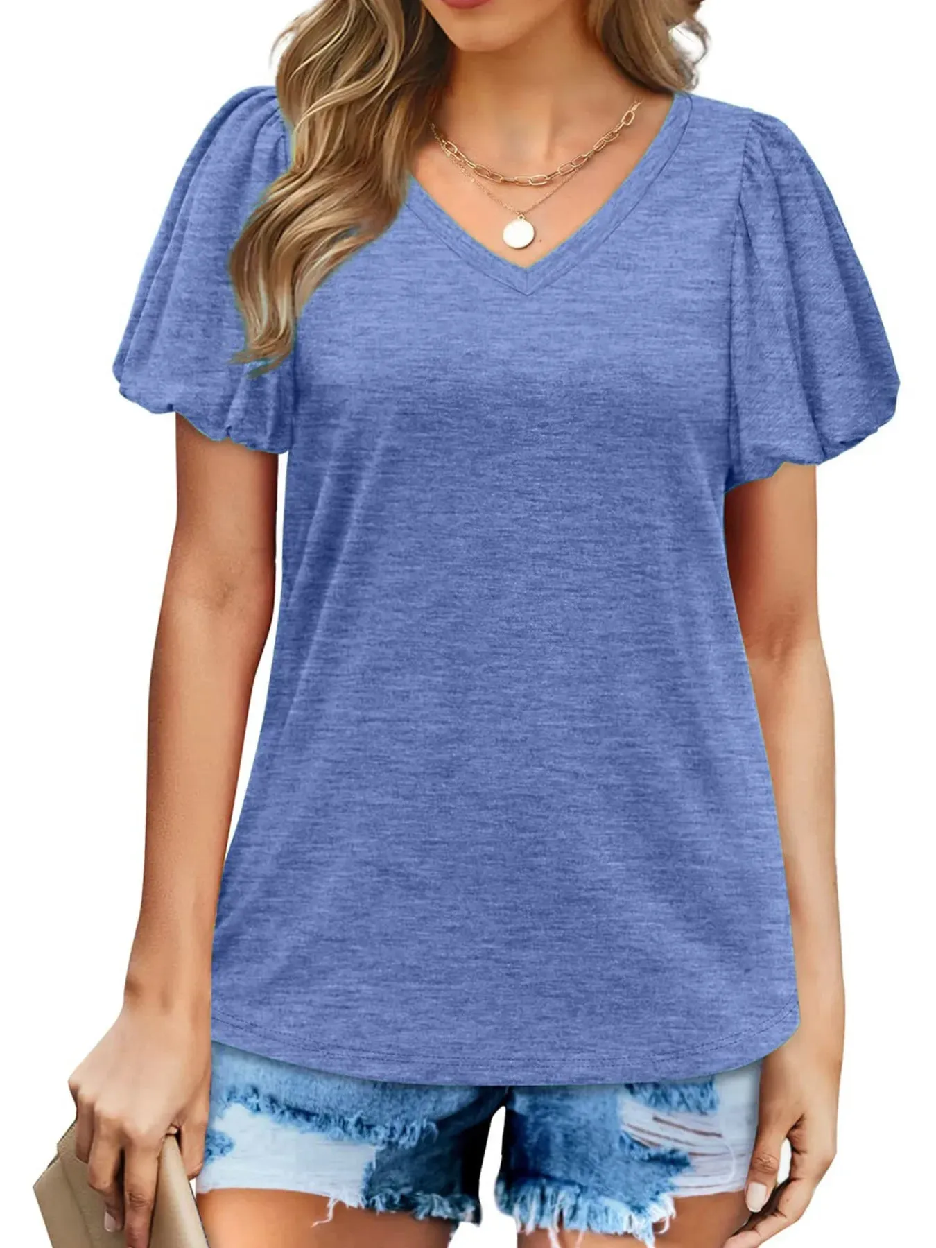 V-Neck Puff Sleeve Casual T-Shirt sold by Charming Charlie product image thumbnail 4