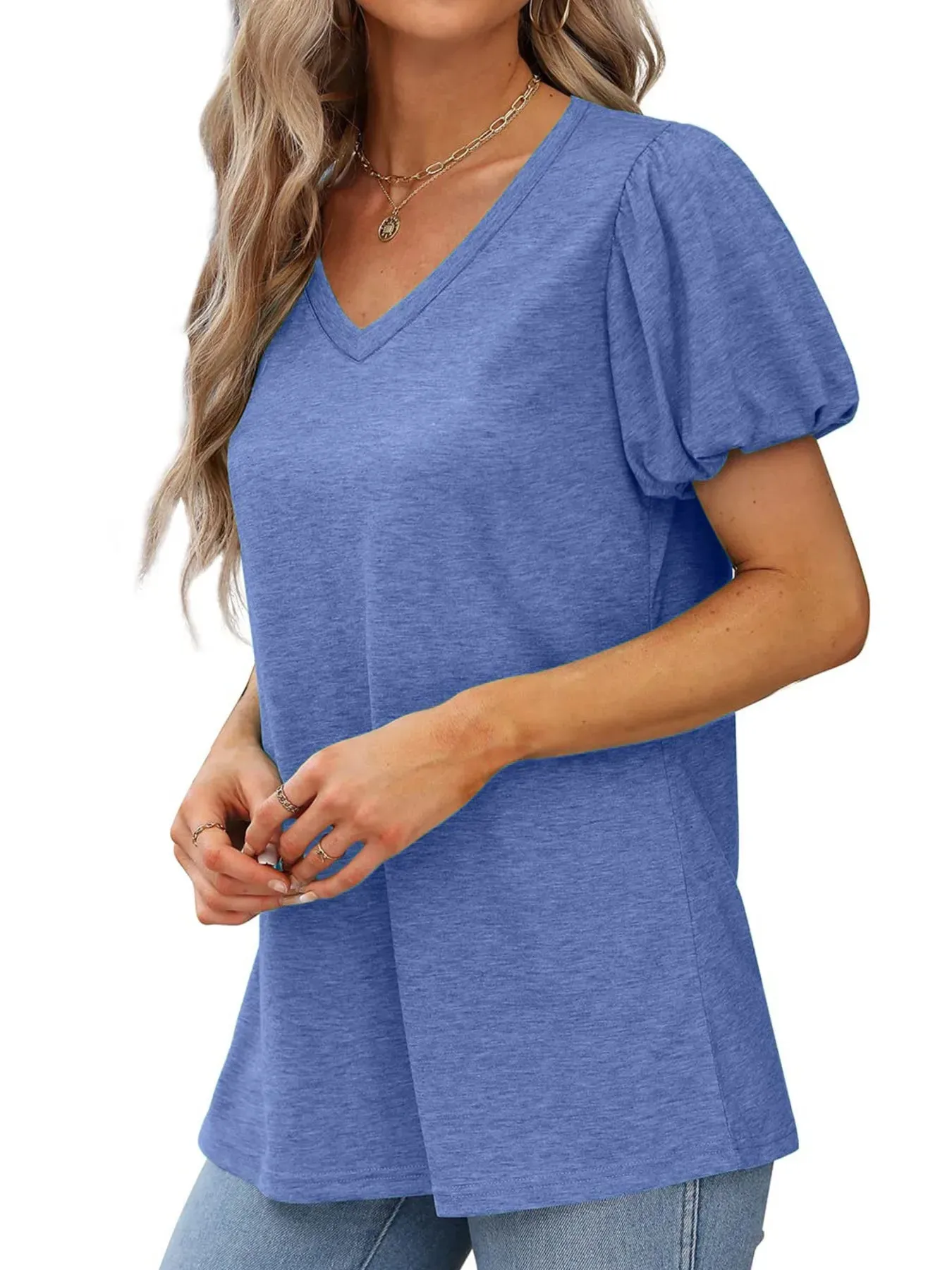 V-Neck Puff Sleeve Casual T-Shirt sold by Charming Charlie product image thumbnail 3