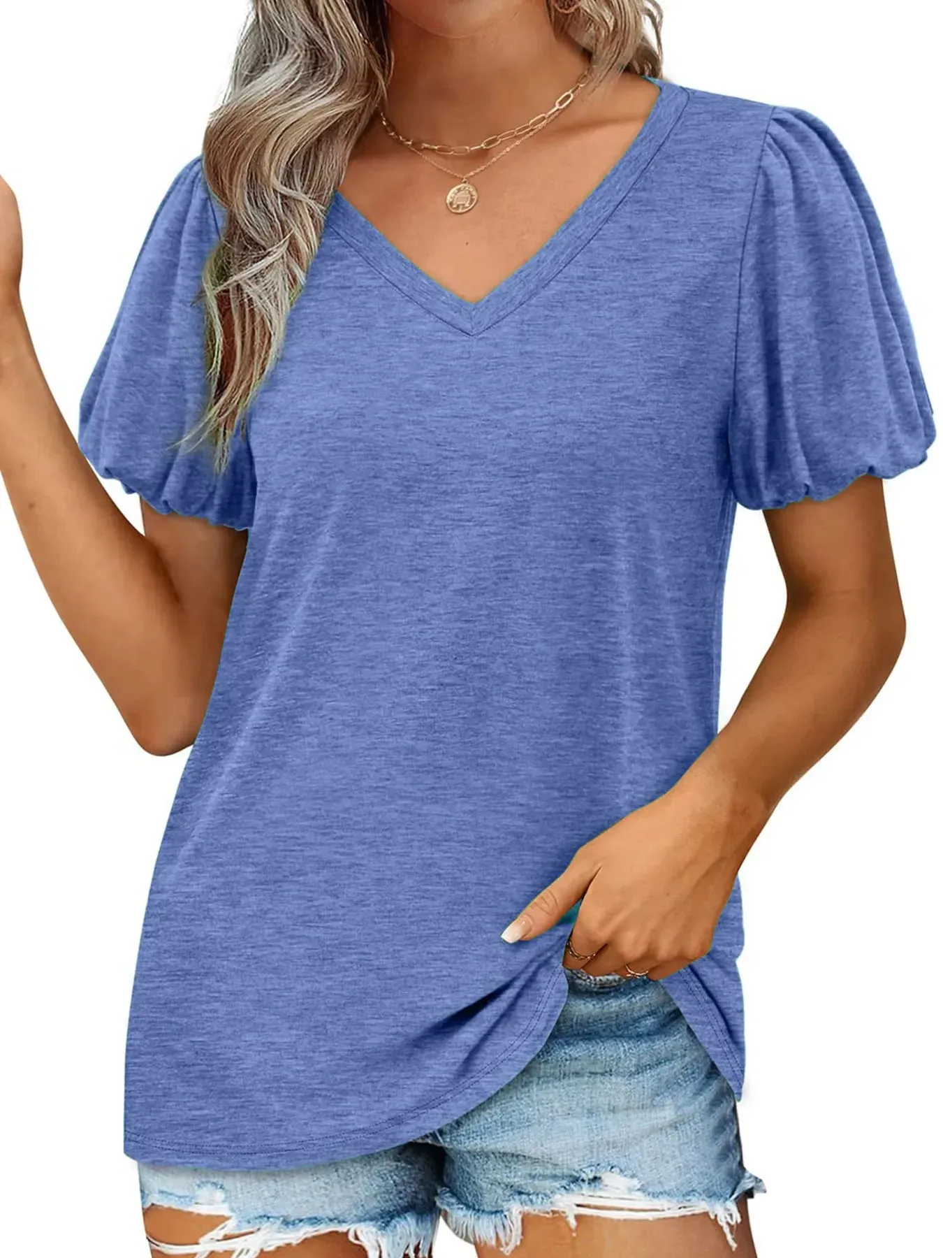 V-Neck Puff Sleeve Casual T-Shirt sold by Charming Charlie product image thumbnail 2
