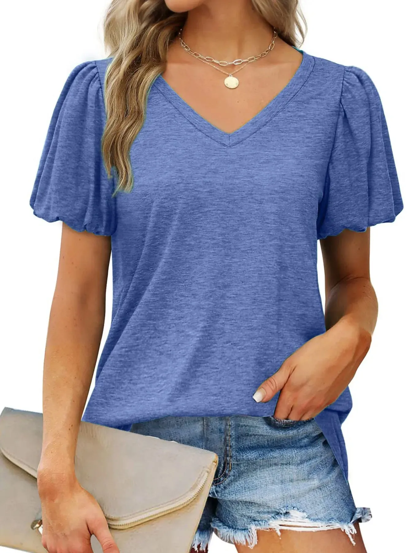 V-Neck Puff Sleeve Casual T-Shirt sold by Charming Charlie