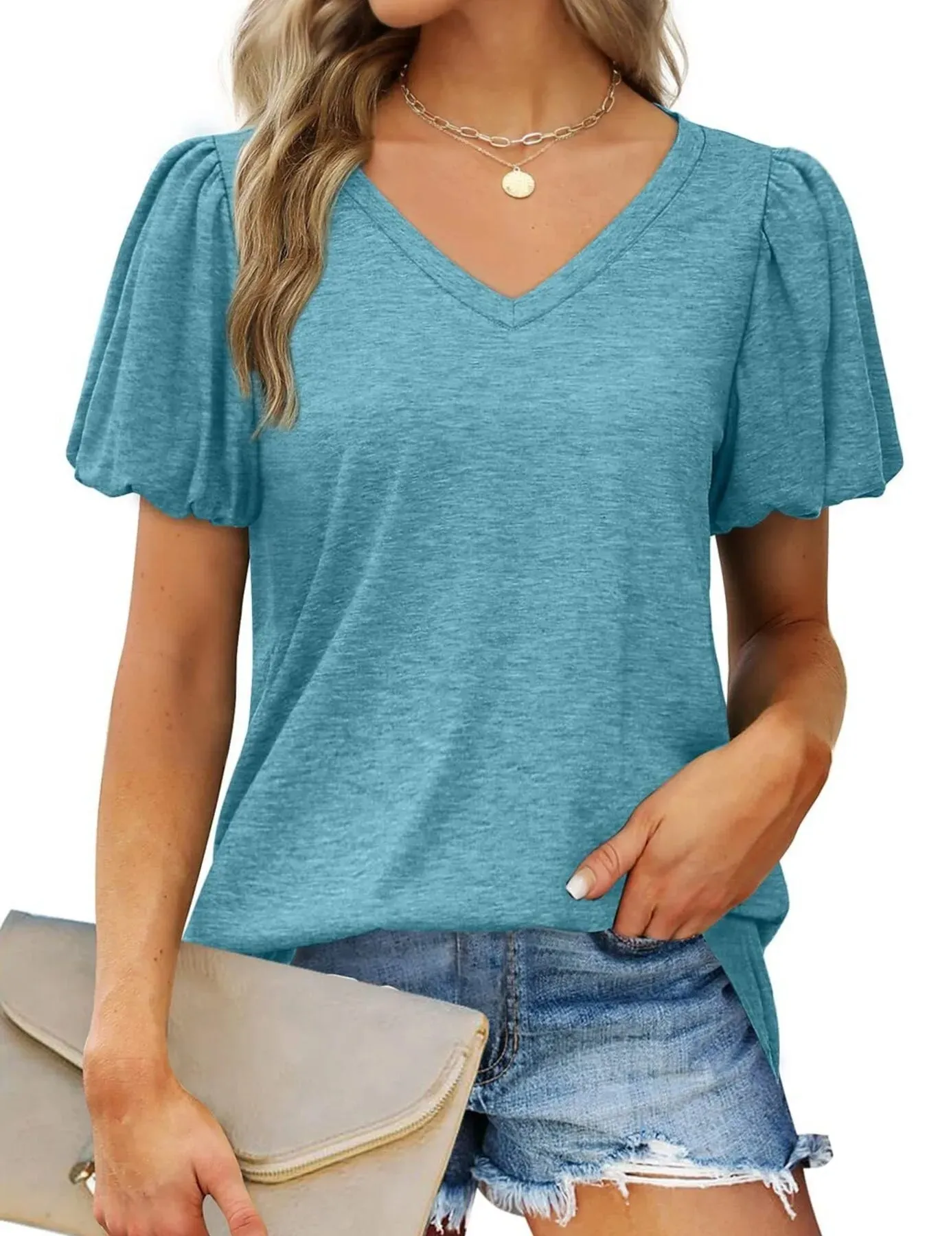 V-Neck Puff Sleeve Casual T-Shirt sold by Charming Charlie product image thumbnail 5