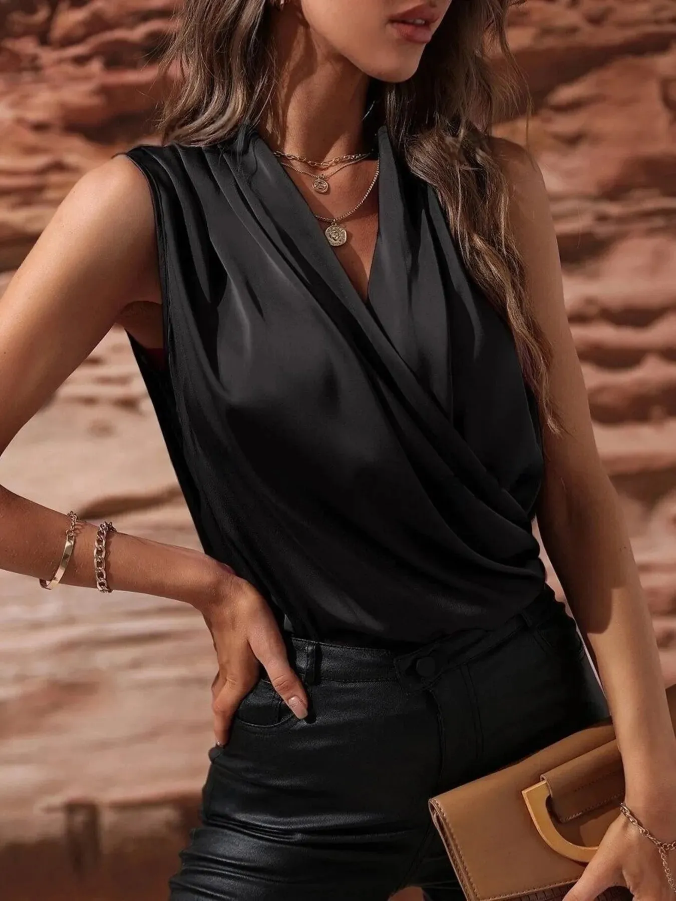 Sleeveless Wrap Draped Blouse sold by Charming Charlie product image thumbnail 4