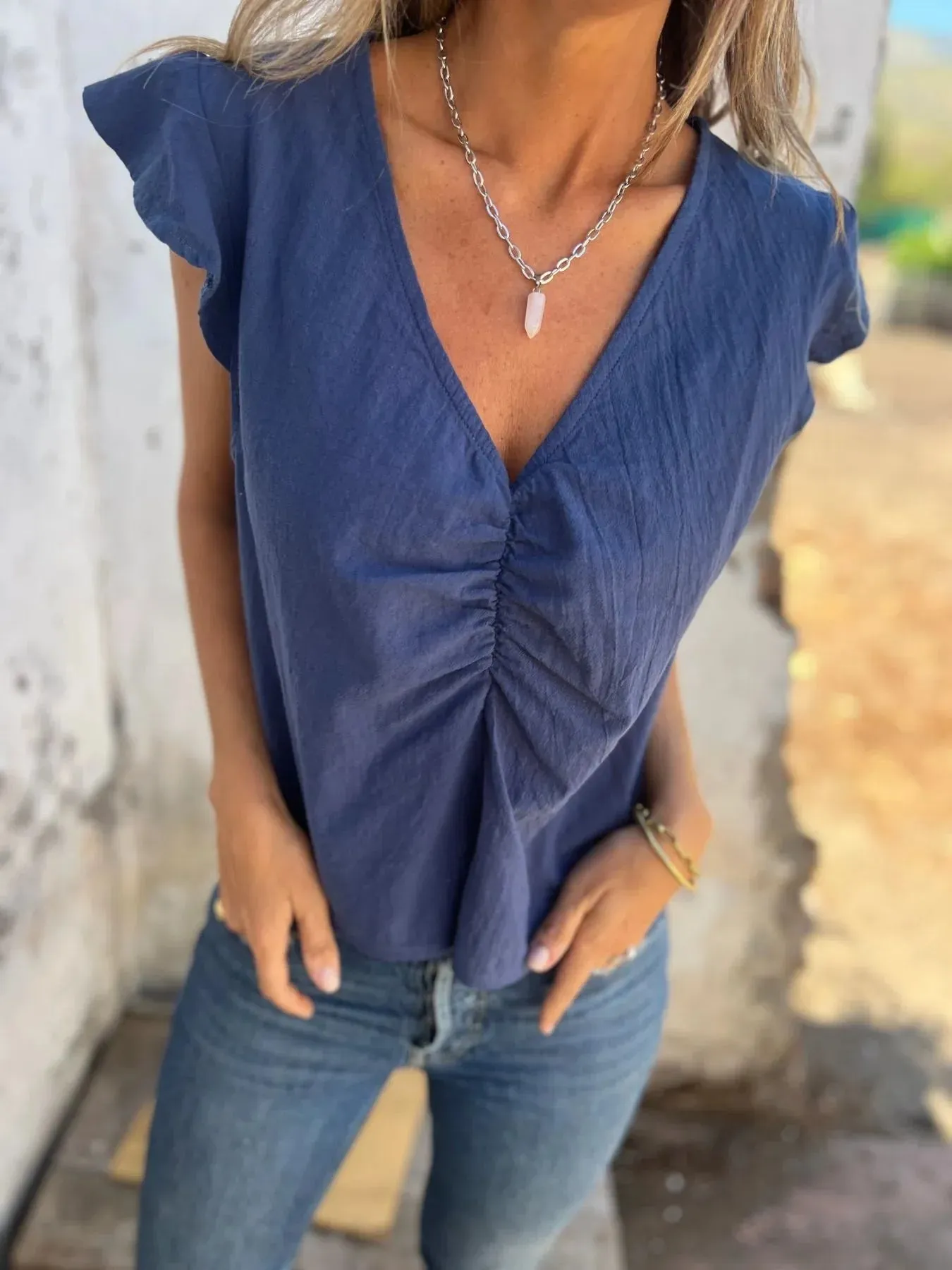 Full Size Ruched V-Neck Cap Sleeve Blouse Plus Size sold by Charming Charlie product image thumbnail 2