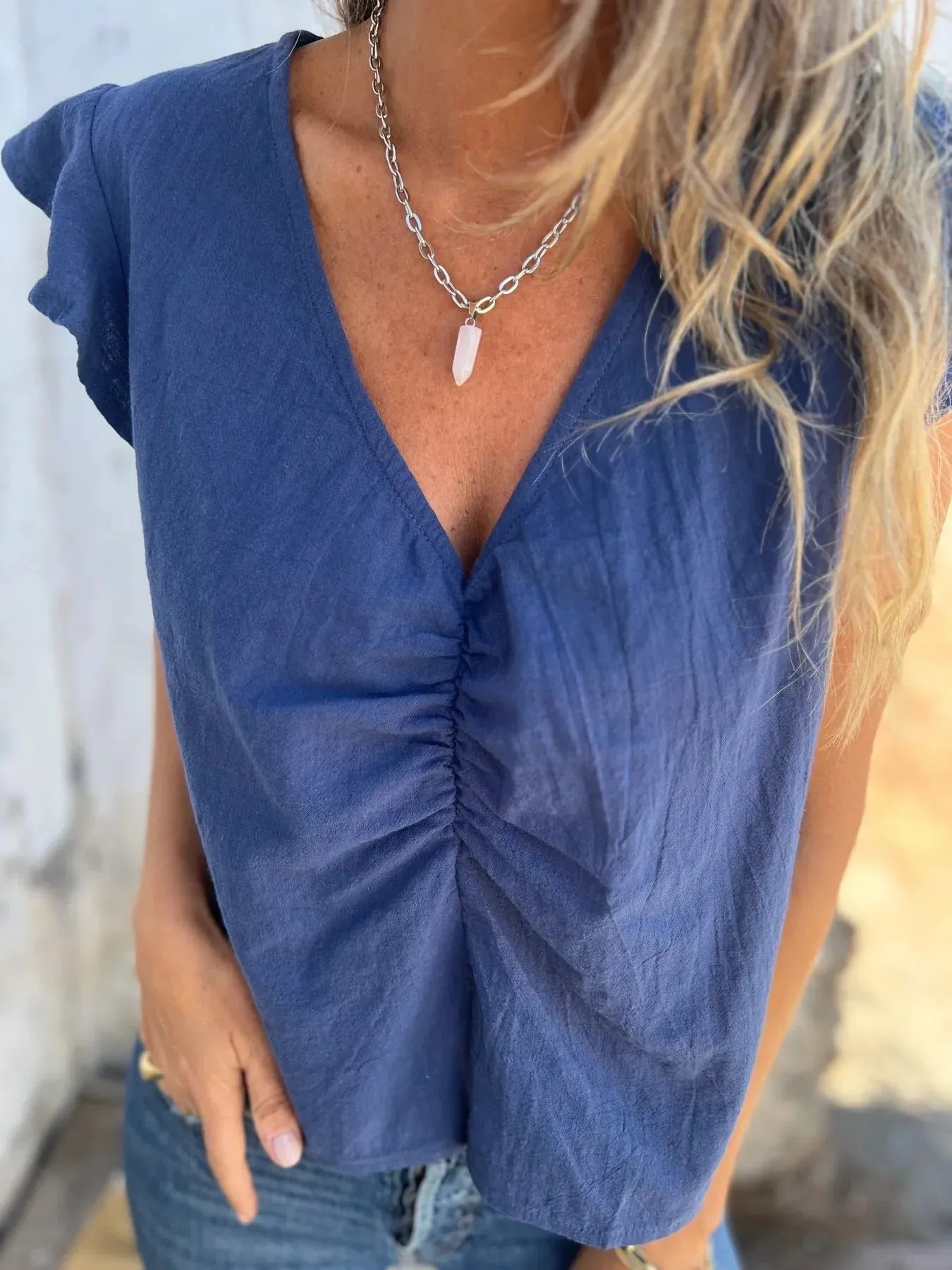 Full Size Ruched V-Neck Cap Sleeve Blouse Plus Size sold by Charming Charlie product image thumbnail 3