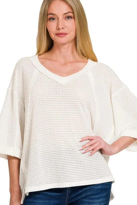 Zenana Brushed Waffle Exposed-seam 3/4 Sleeve Top sold by Charming Charlie