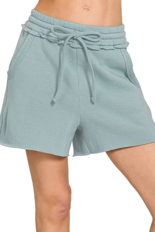 Zenana Fleece Raw Hem Shorts With Draw String sold by Charming Charlie