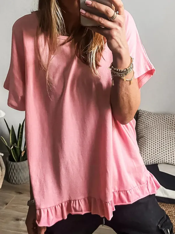 Ruffle Hem Round Neck Relaxed T-Shirt sold by Charming Charlie
