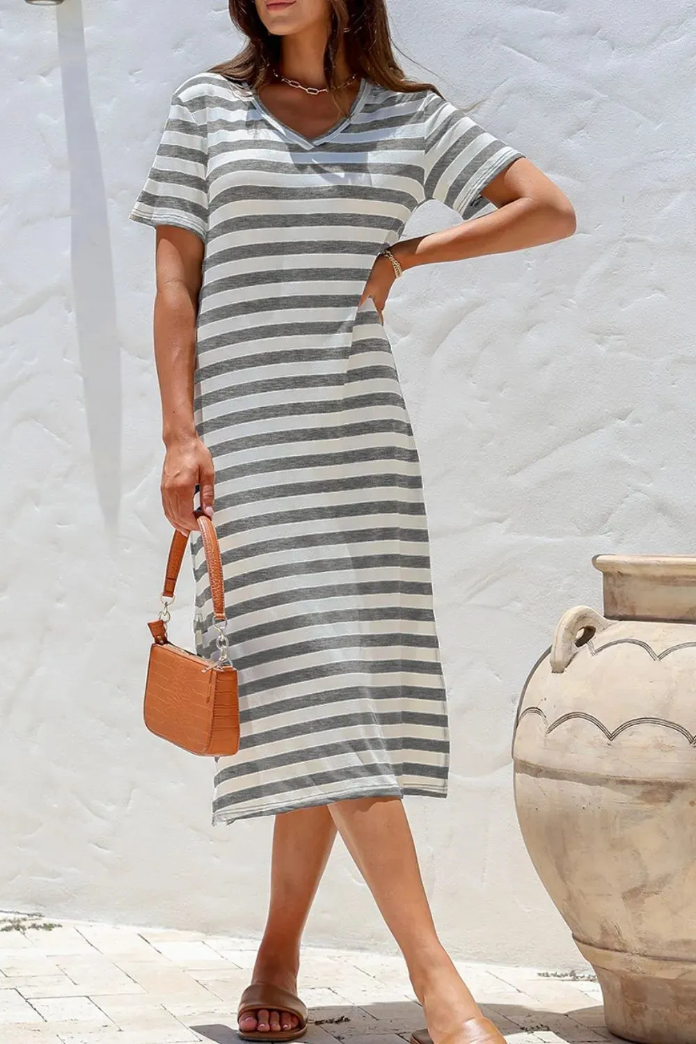 Casual Striped V-Neck Midi T-Shirt Dress sold by Charming Charlie