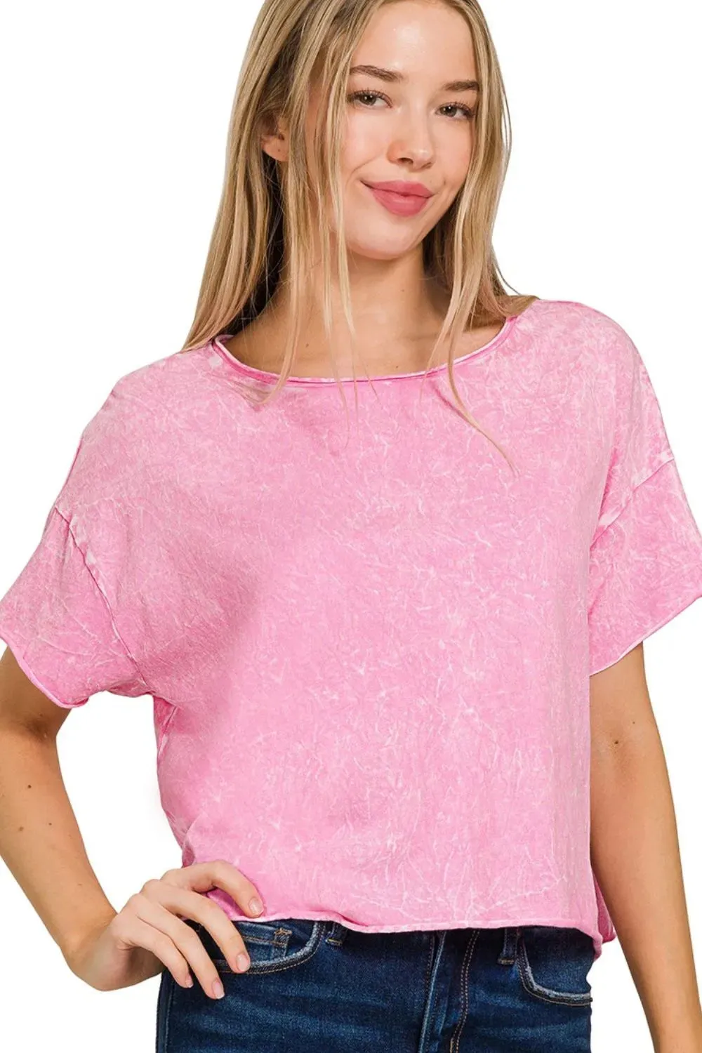 Zenana Washed Crew Neck Short Sleeve Crop Box Tee sold by Charming Charlie