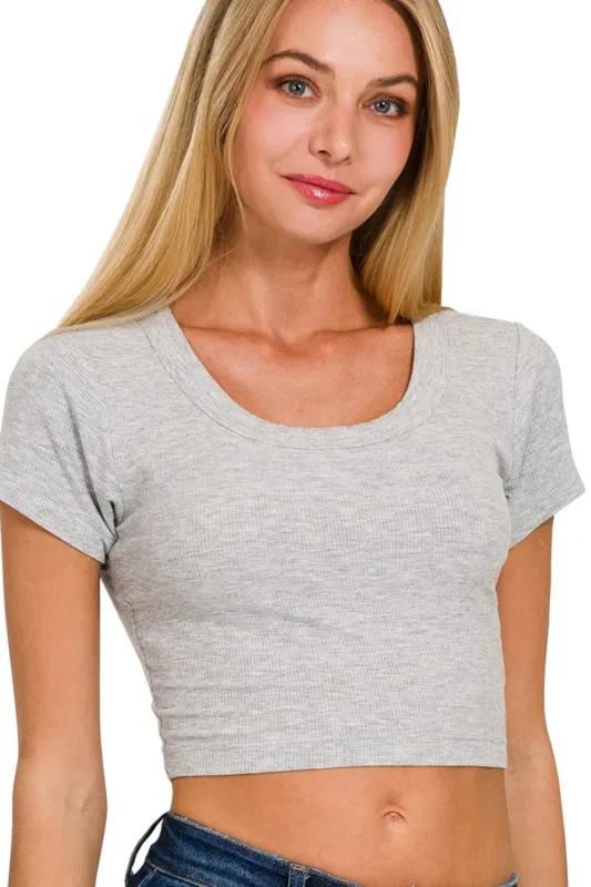 Zenana Ribbed Scoop Neck Crop Short Sleeve Top sold by Charming Charlie