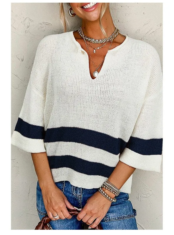 Striped Notched V Neck Cropped Sweater T Shirt sold by Charming Charlie product image thumbnail 2