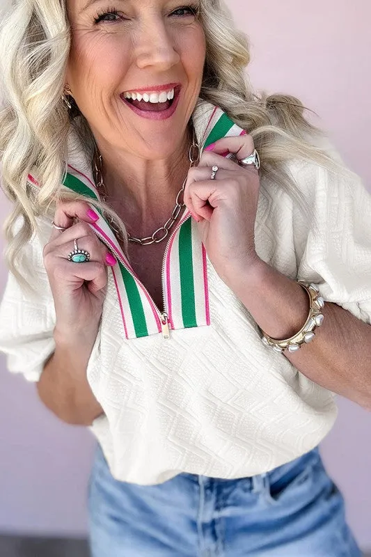 Striped Collar Patchwork Half Sleeve Blouse sold by Charming Charlie product image thumbnail 2