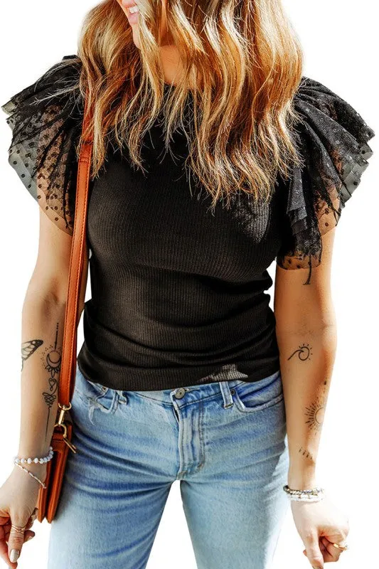 Dotty Mesh Ruffle Sleeve Ribbed Knit Top sold by Charming Charlie product image thumbnail 5