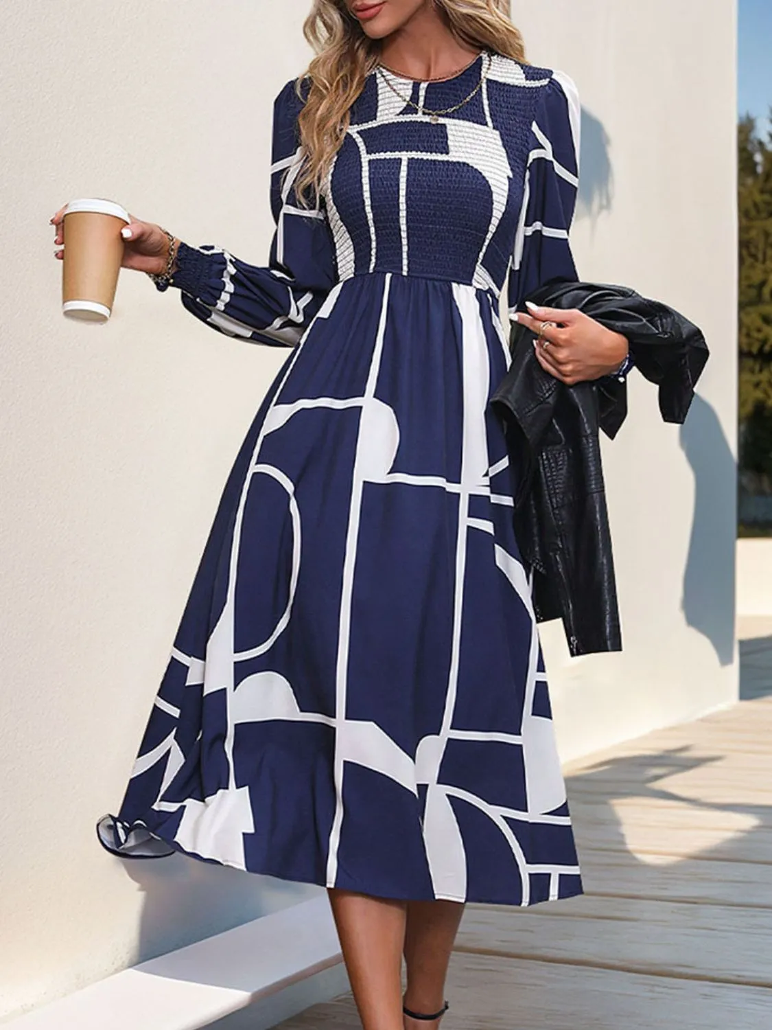 Smocked Color Block Long Sleeve Midi Dress sold by Charming Charlie