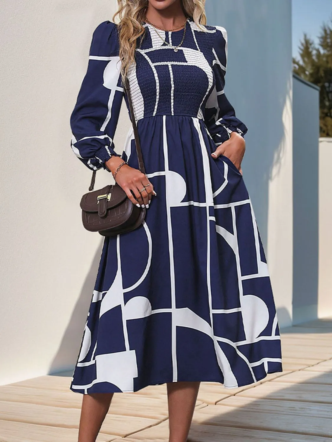 Smocked Color Block Long Sleeve Midi Dress sold by Charming Charlie product image thumbnail 5