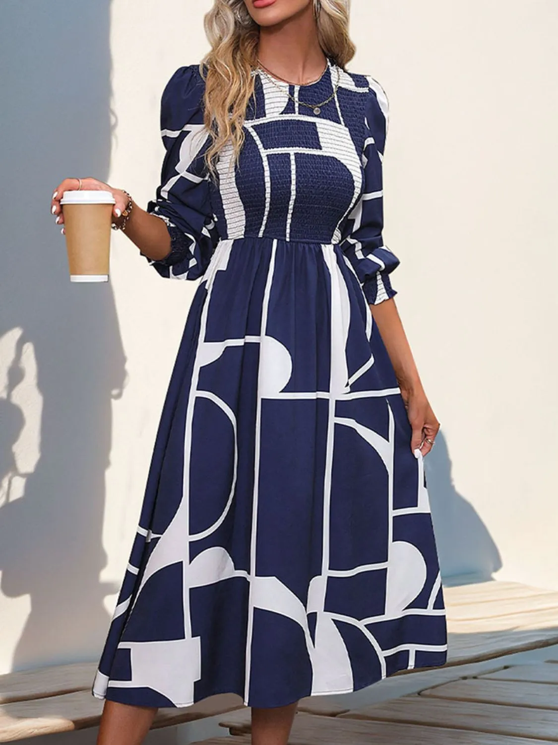 Smocked Color Block Long Sleeve Midi Dress sold by Charming Charlie product image thumbnail 3