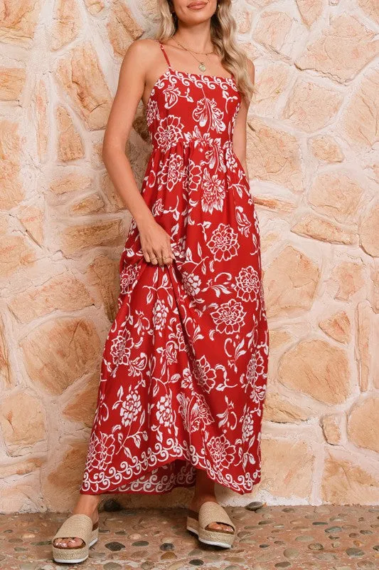 Red Floral Print Spaghetti Strap Empire Waist Maxi sold by Charming Charlie