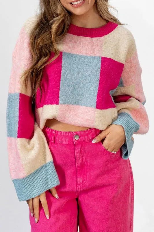 rose pink color block cropped sweater sold by Charming Charlie