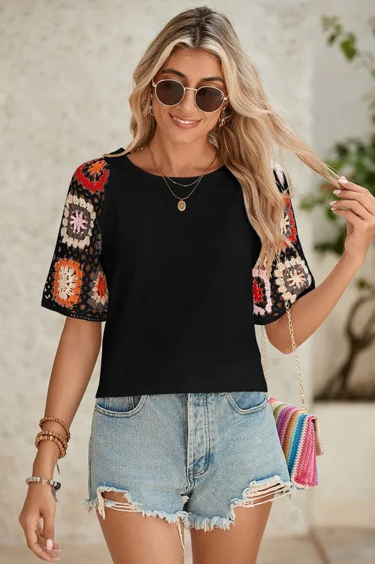 Black Floral Hollowed Crochet Sleeve Boho T Shirt sold by Charming Charlie