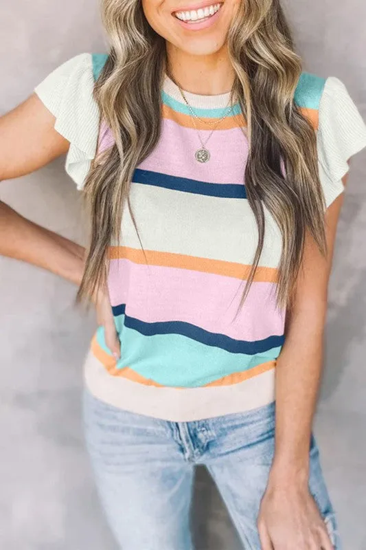 Pink mint multi stripe knit blouse sold by Charming Charlie