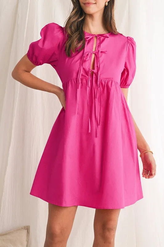 Bright Pink Tie Front Puff Sleeve Mini Dress sold by Charming Charlie