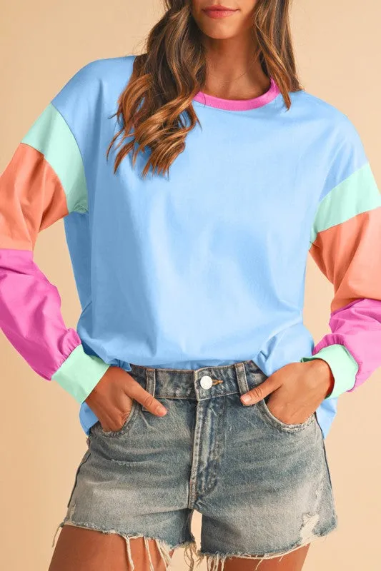 Dark Blue Color Block Sleeve Loose Fit Top sold by Charming Charlie