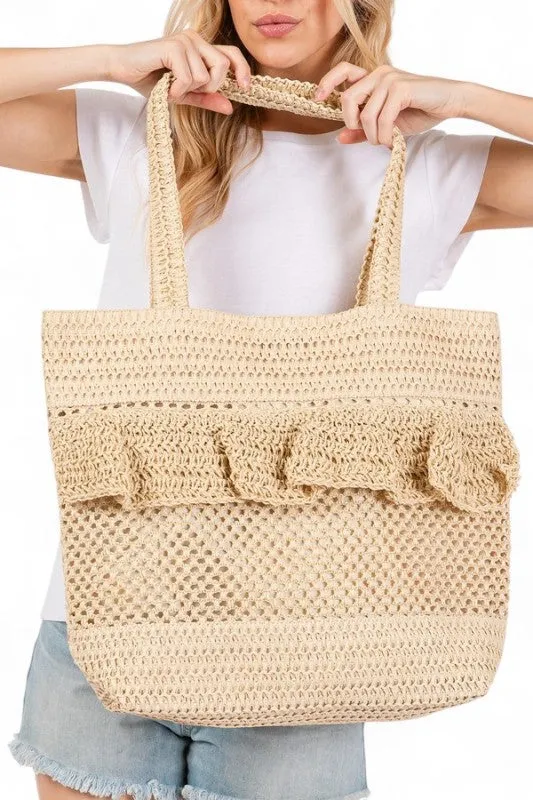 Ruffle Crochet Straw Tote Bag sold by Charming Charlie