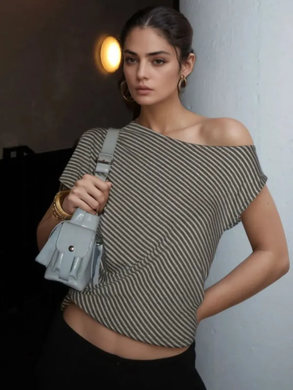 Striped Single Shoulder T-Shirt sold by Charming Charlie