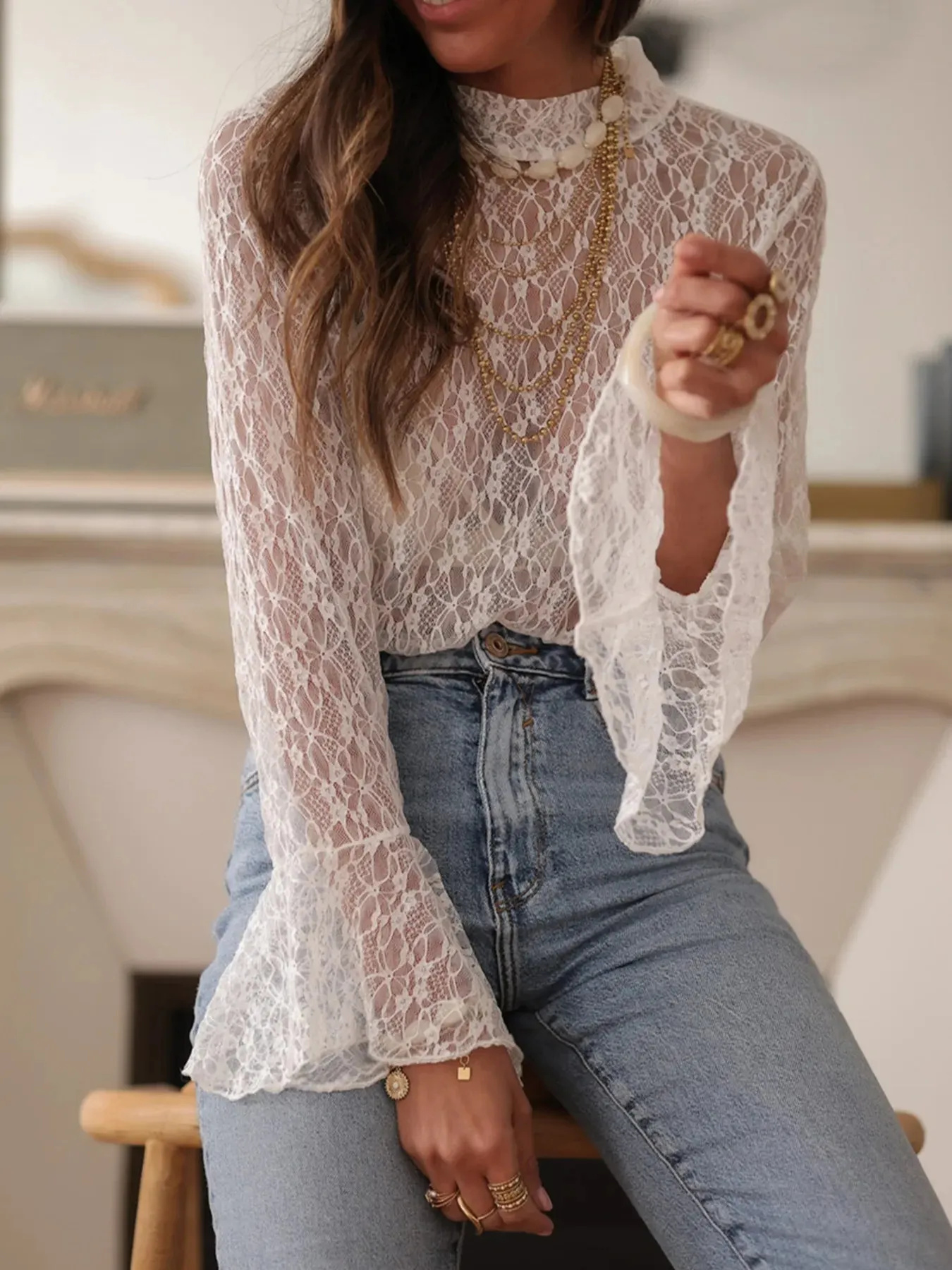Sheer Lace Bell Sleeve Mock Neck Blouse sold by Charming Charlie product image thumbnail 3